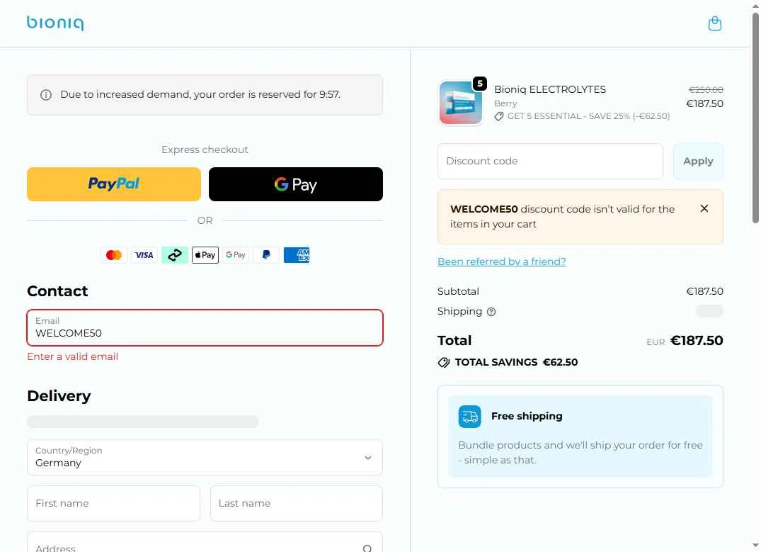 Bioniq checkout page showing Bioniq discount code box | Screenshot taken by SimplyCodes community member on Dec 29, 2025