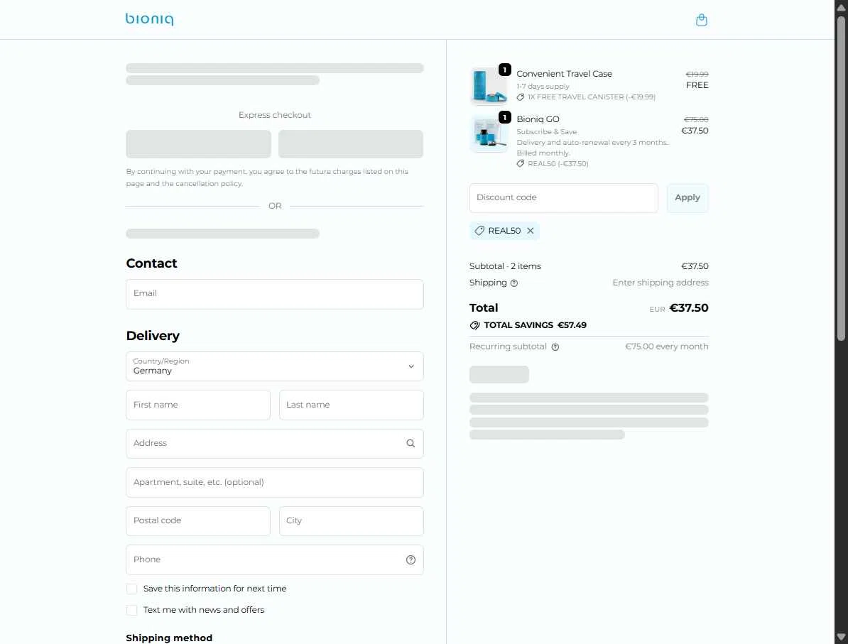 Bioniq checkout page showing Bioniq discount code box | Screenshot taken by SimplyCodes community member on Jan 3, 2026