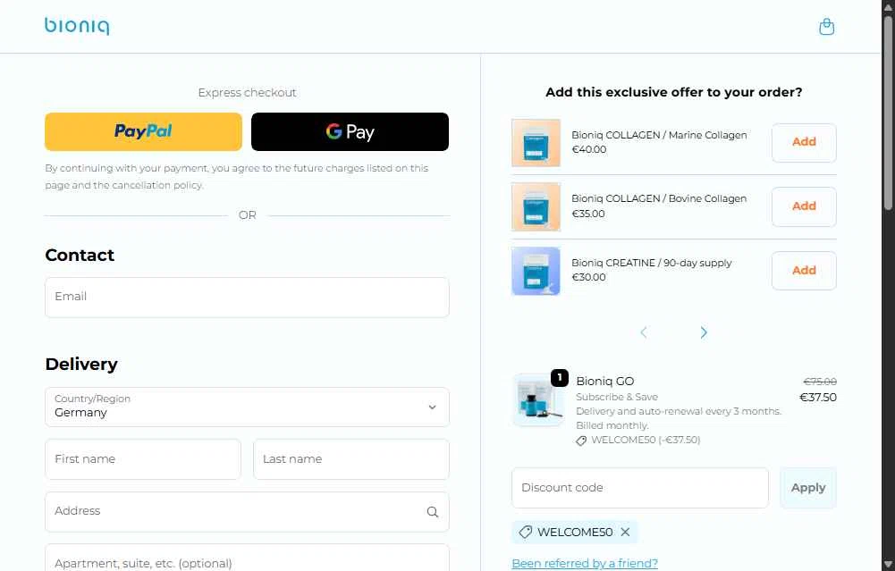 Bioniq checkout page showing Bioniq discount code box | Screenshot taken by SimplyCodes community member on Nov 1, 2025