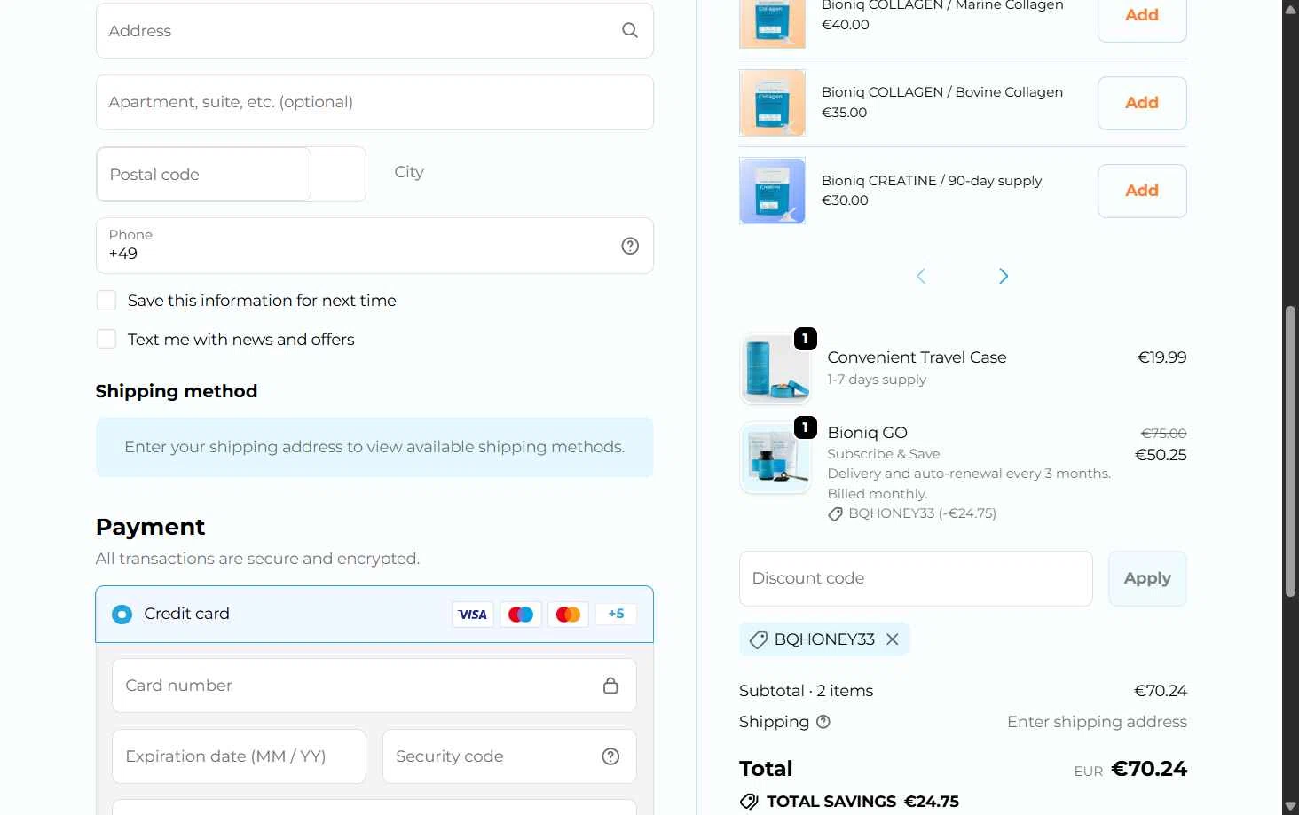 Bioniq checkout page showing Bioniq discount code box | Screenshot taken by SimplyCodes community member on Feb 6, 2026