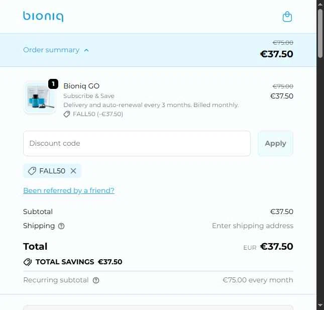 Bioniq checkout page showing Bioniq discount code box | Screenshot taken by SimplyCodes community member on Dec 8, 2025
