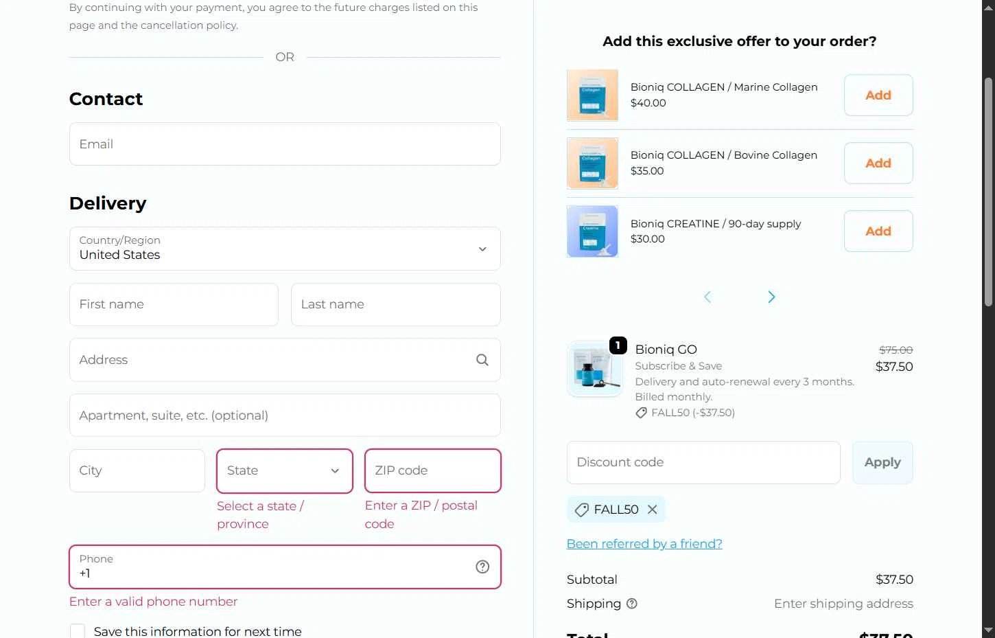 Bioniq checkout page showing Bioniq discount code box | Screenshot taken by SimplyCodes community member on Oct 10, 2025