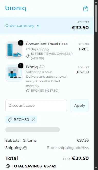 Bioniq checkout page showing Bioniq discount code box | Screenshot taken by SimplyCodes community member on Jan 16, 2026