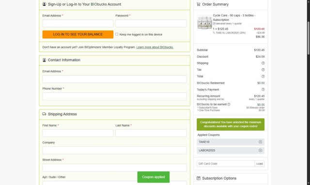 BiOptimizers checkout page showing BiOptimizers coupon code box | Screenshot taken by SimplyCodes community member on Aug 30, 2025