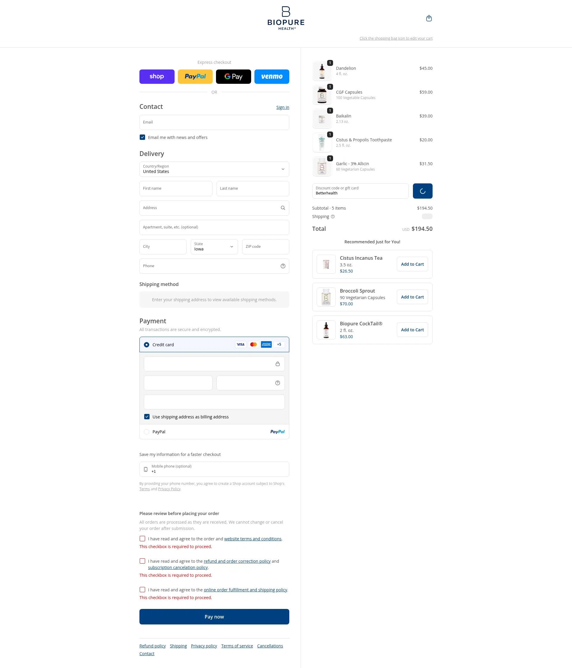 BioPure Healing Products checkout page showing BioPure Healing Products promo code box | Screenshot taken by SimplyCodes community member on Feb 4, 2026