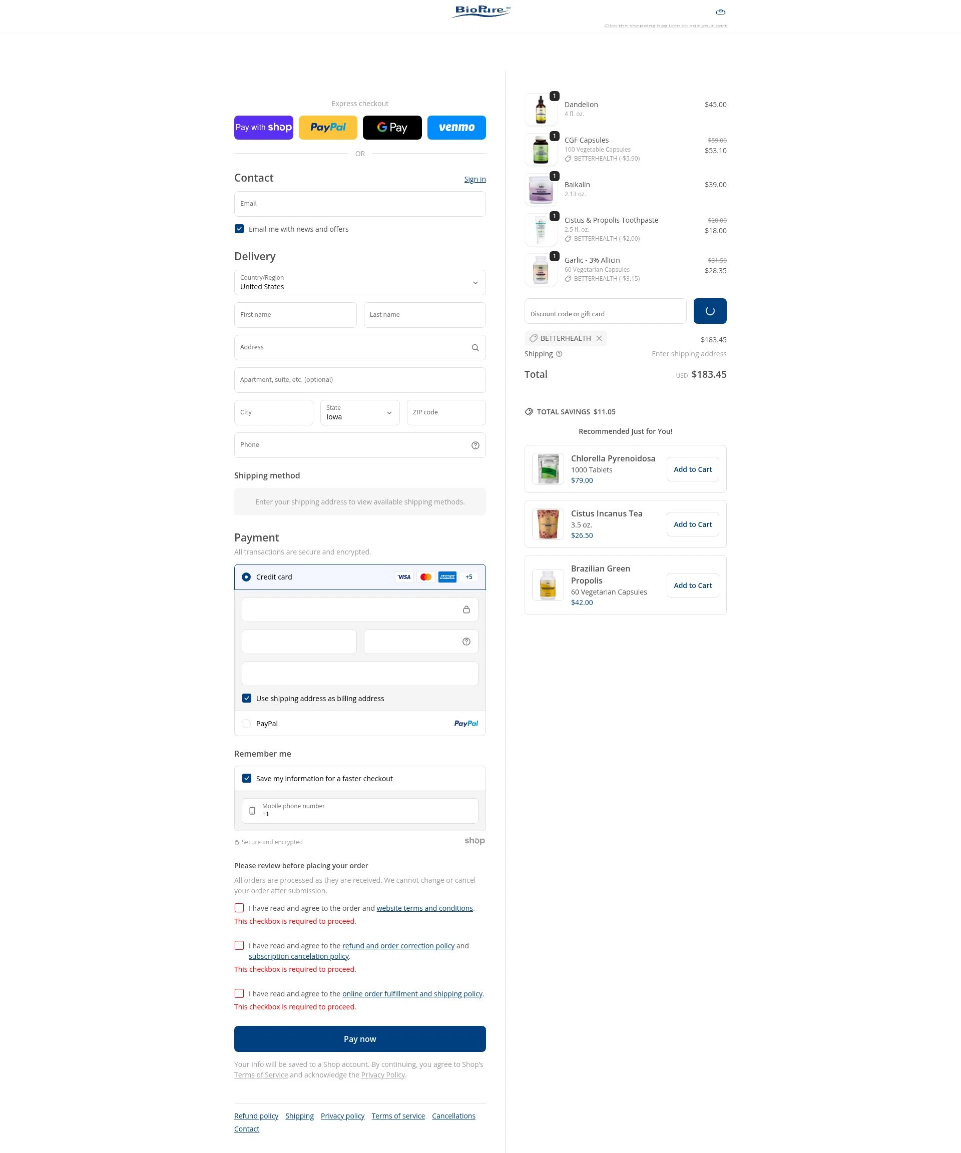 BioPure Healing Products checkout page showing BioPure Healing Products promo code box | Screenshot taken by SimplyCodes community member on Jan 7, 2026