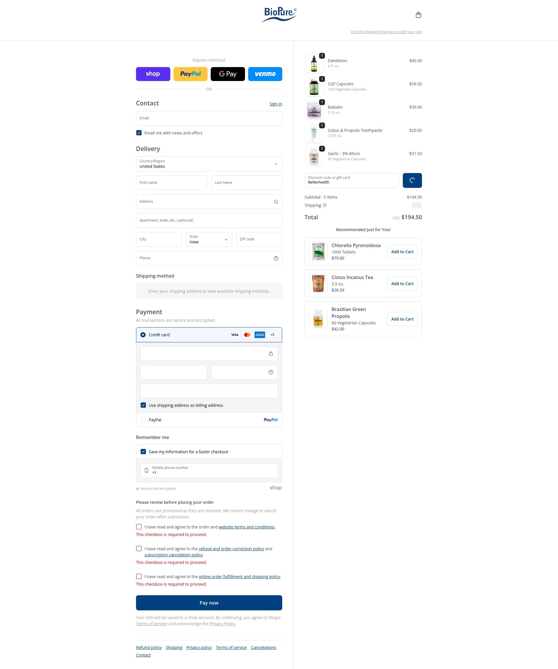 BioPure Healing Products checkout page showing BioPure Healing Products promo code box | Screenshot taken by SimplyCodes community member on Jan 2, 2026