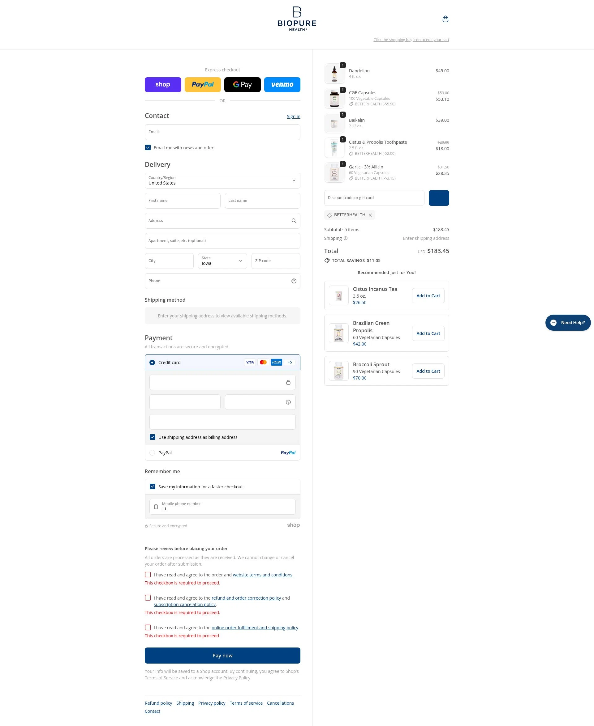 BioPure Healing Products checkout page showing BioPure Healing Products promo code box | Screenshot taken by SimplyCodes community member on Jan 22, 2026