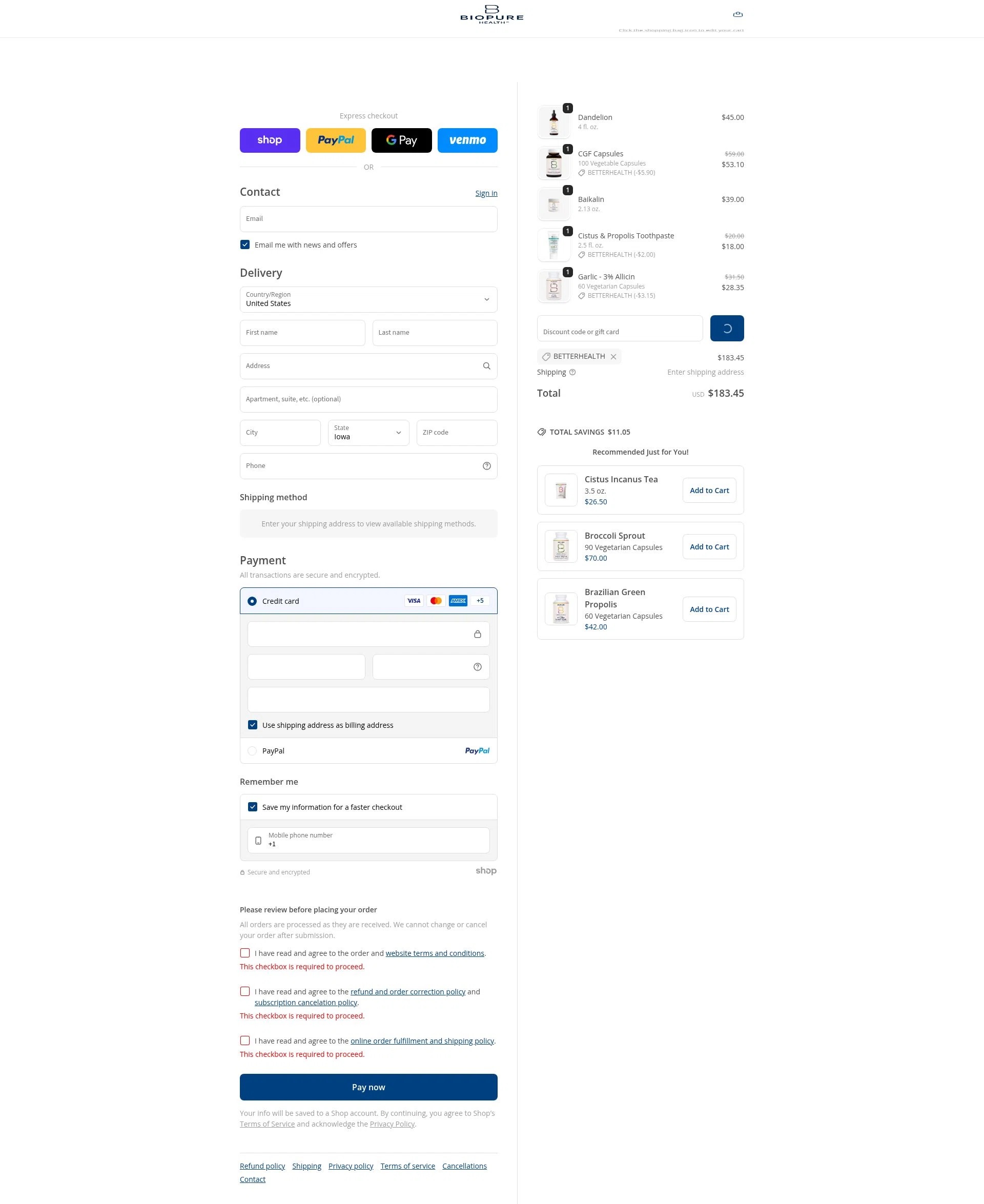 BioPure Healing Products checkout page showing BioPure Healing Products promo code box | Screenshot taken by SimplyCodes community member on Jan 27, 2026