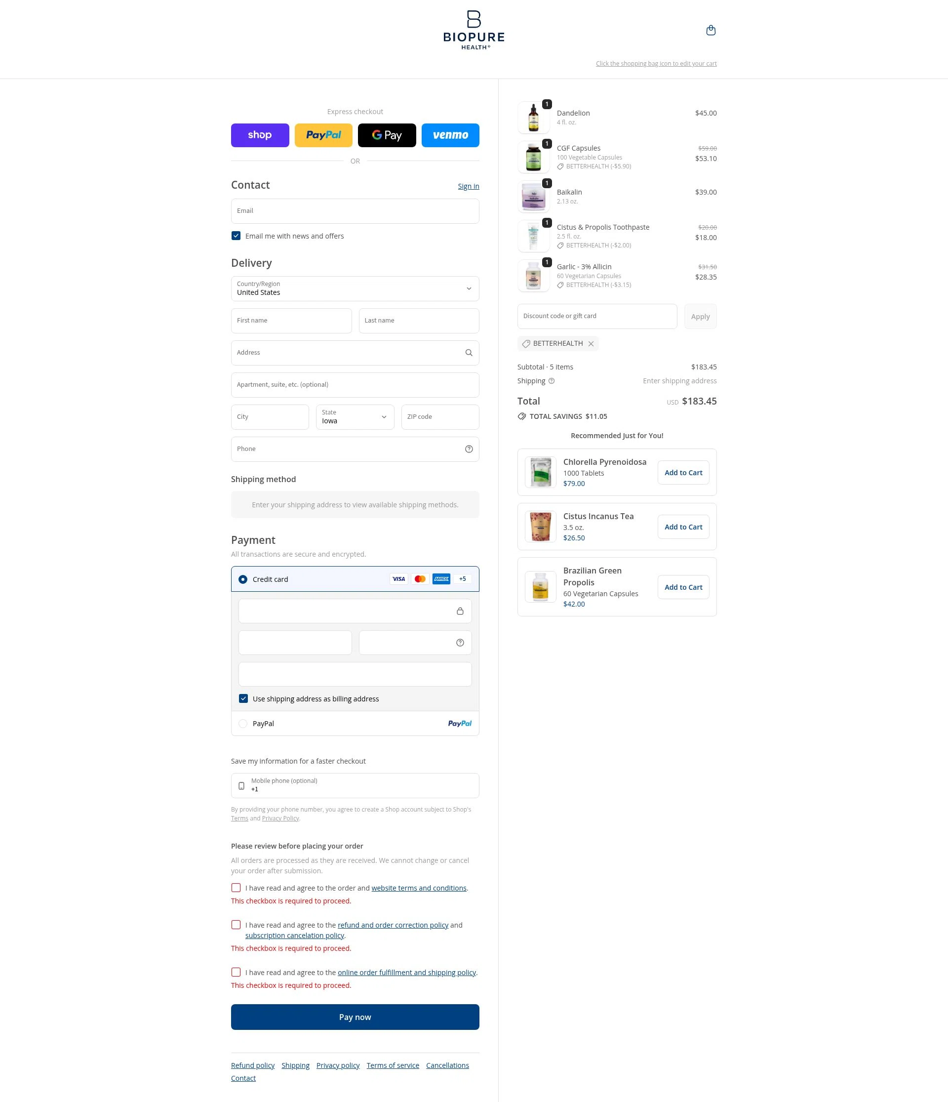 BioPure Healing Products checkout page showing BioPure Healing Products promo code box | Screenshot taken by SimplyCodes community member on Jan 12, 2026