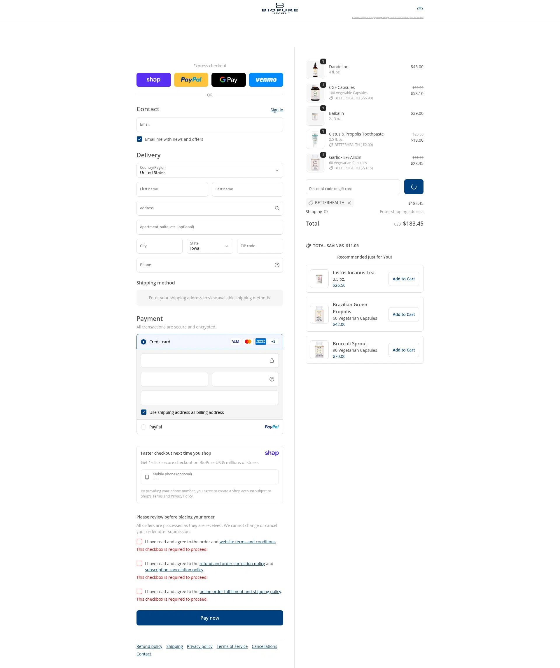 BioPure Healing Products checkout page showing BioPure Healing Products promo code box | Screenshot taken by SimplyCodes community member on Jan 17, 2026