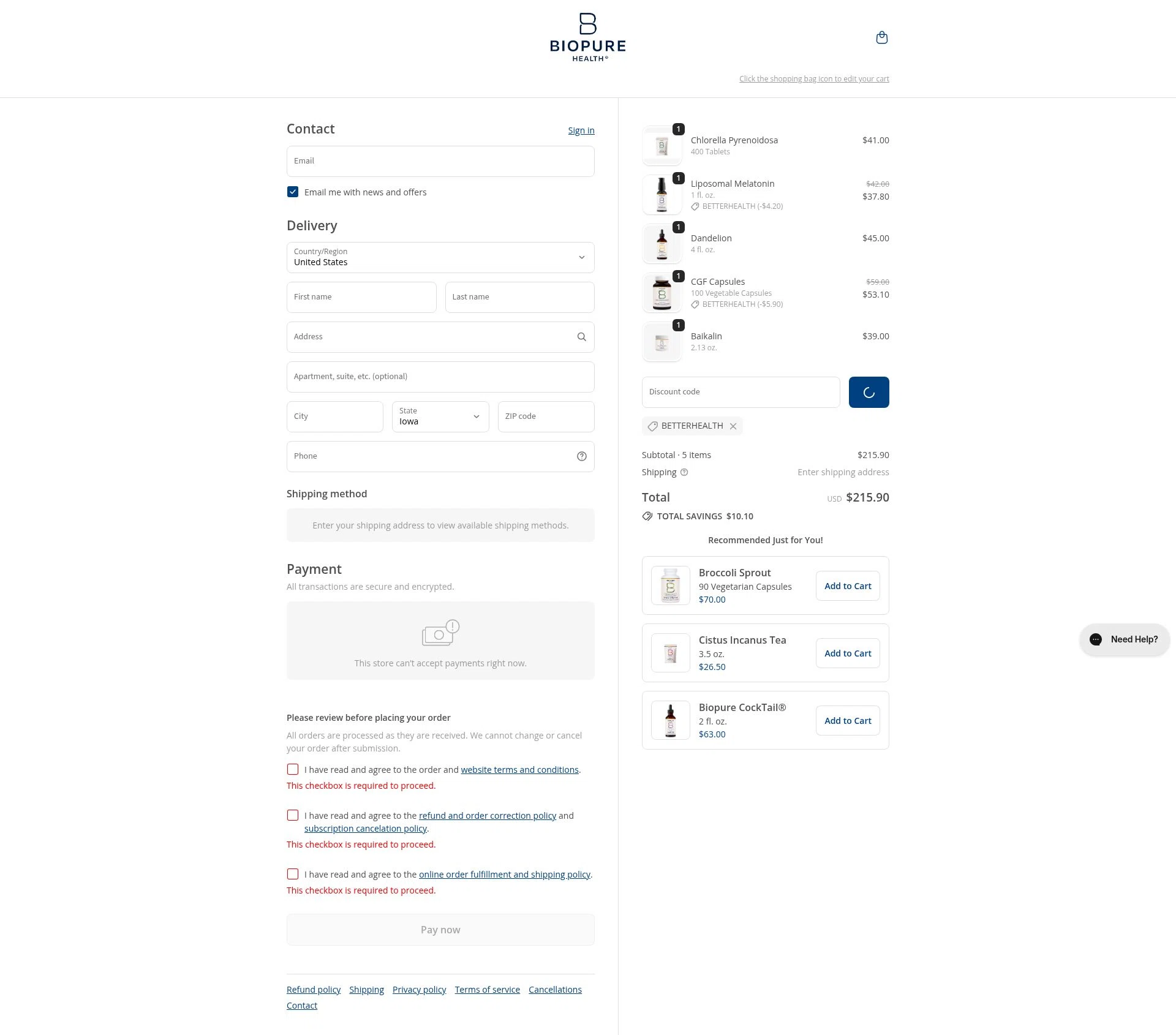 BioPure Healing Products checkout page showing BioPure Healing Products promo code box | Screenshot taken by SimplyCodes community member on Feb 9, 2026