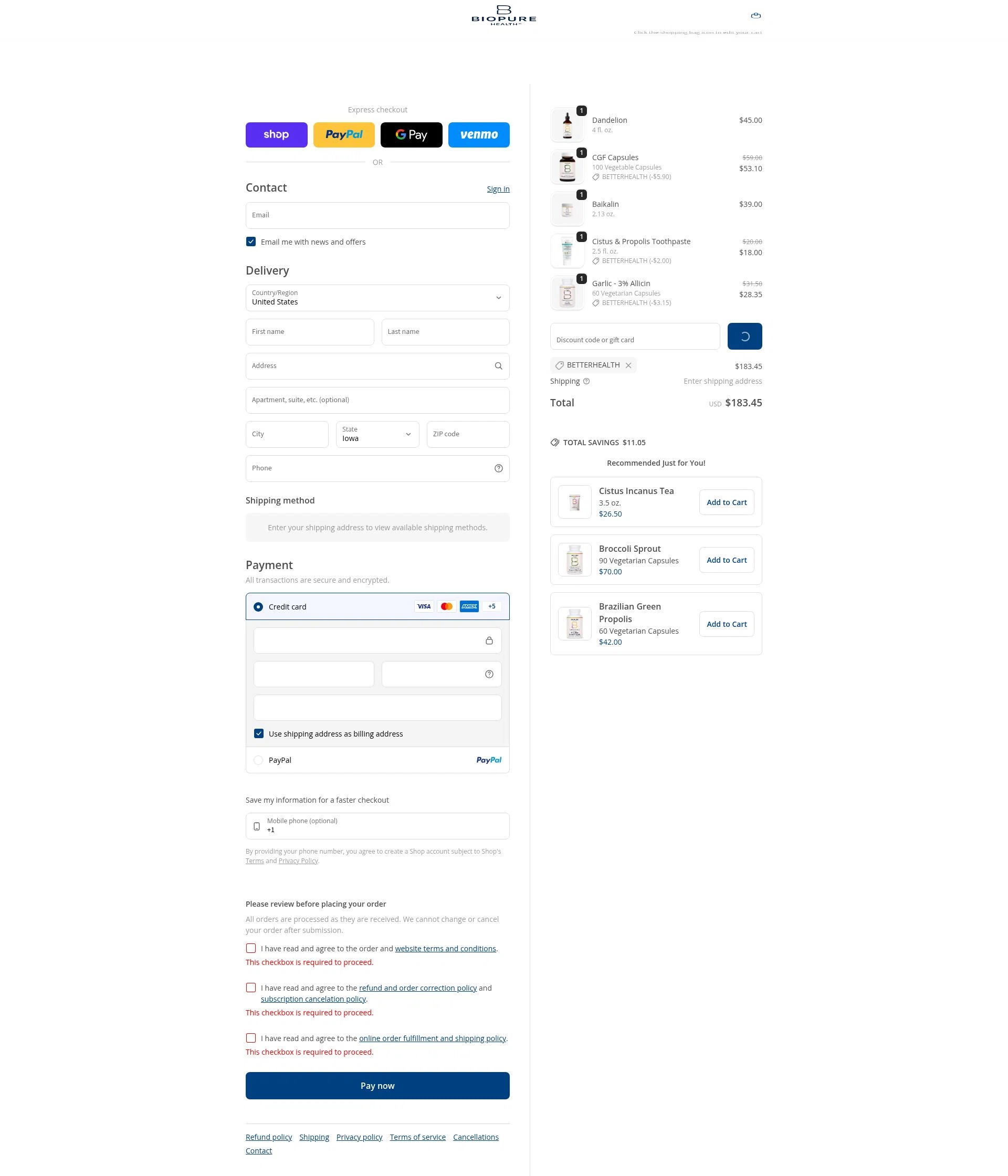 BioPure Healing Products checkout page showing BioPure Healing Products promo code box | Screenshot taken by SimplyCodes community member on Jan 31, 2026