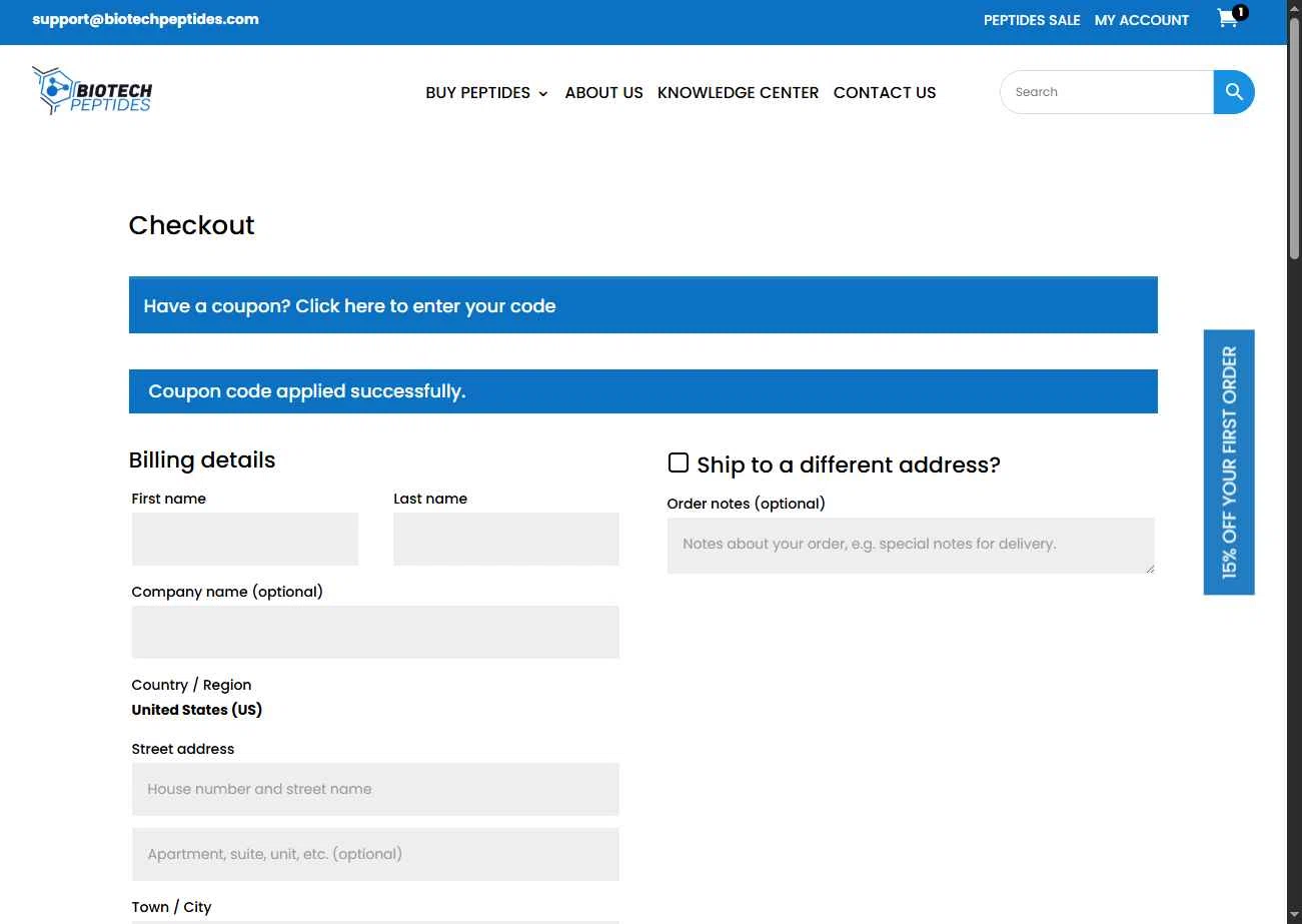 Biotech Peptides checkout page showing Biotech Peptides coupon code box | Screenshot taken by SimplyCodes community member on Dec 26, 2025