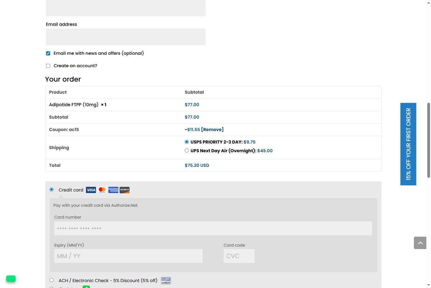 Biotech Peptides checkout page showing Biotech Peptides coupon code box | Screenshot taken by SimplyCodes community member on Nov 10, 2025