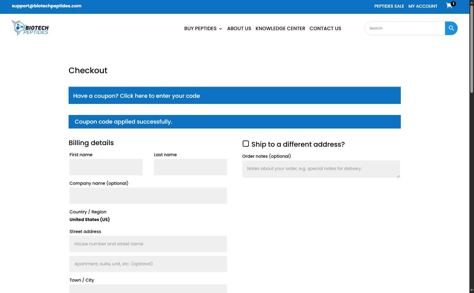 Biotech Peptides checkout page showing Biotech Peptides coupon code box | Screenshot taken by SimplyCodes community member on Nov 10, 2025