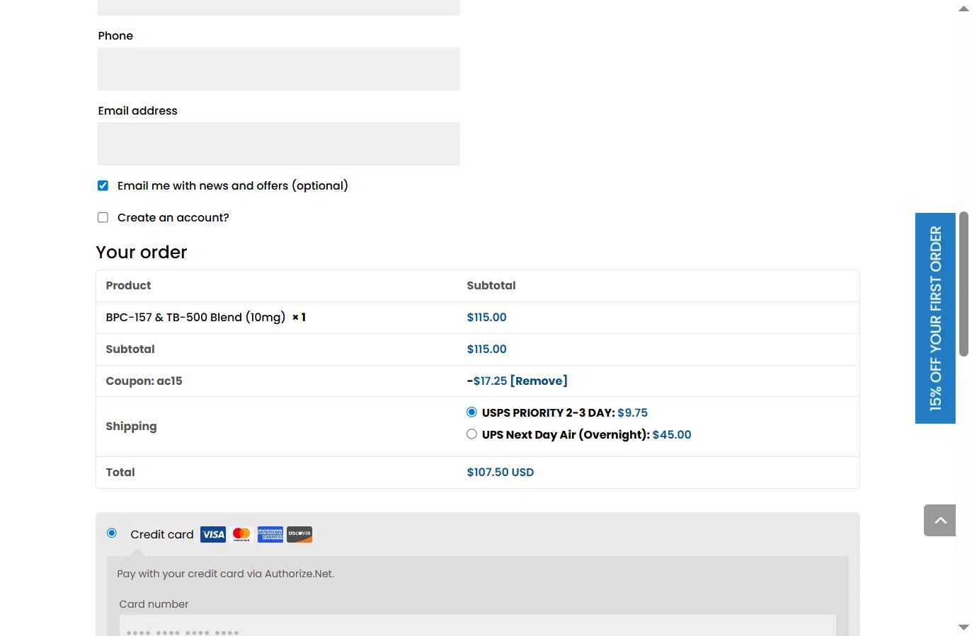 Biotech Peptides checkout page showing Biotech Peptides coupon code box | Screenshot taken by SimplyCodes community member on Jan 19, 2026