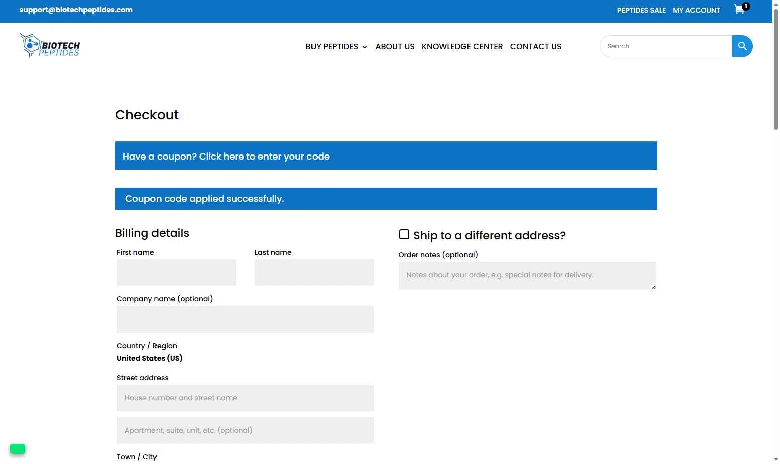 Biotech Peptides checkout page showing Biotech Peptides coupon code box | Screenshot taken by SimplyCodes community member on Jan 3, 2026