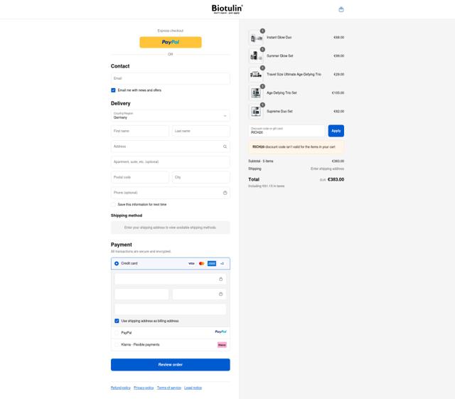 Biotulin checkout page showing Biotulin coupon code box | Screenshot taken by SimplyCodes community member on Sep 11, 2025