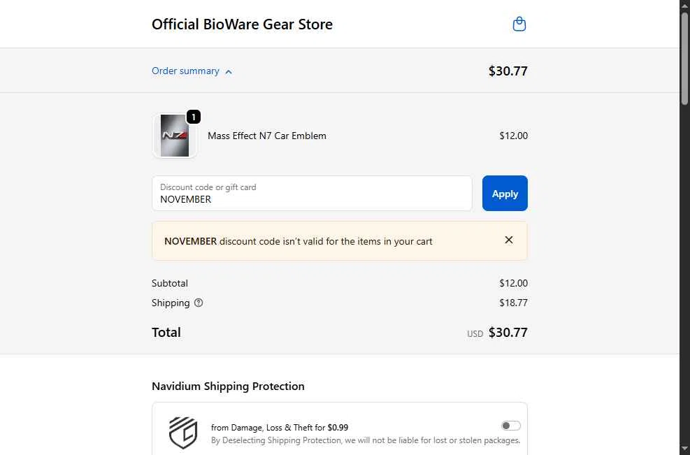 BioWare checkout page showing BioWare discount code box | Screenshot taken by SimplyCodes community member on Dec 13, 2025