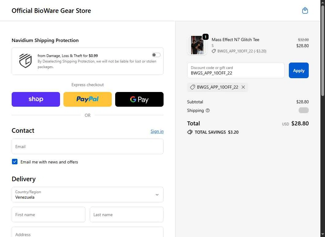BioWare checkout page showing BioWare discount code box | Screenshot taken by SimplyCodes community member on Feb 18, 2026