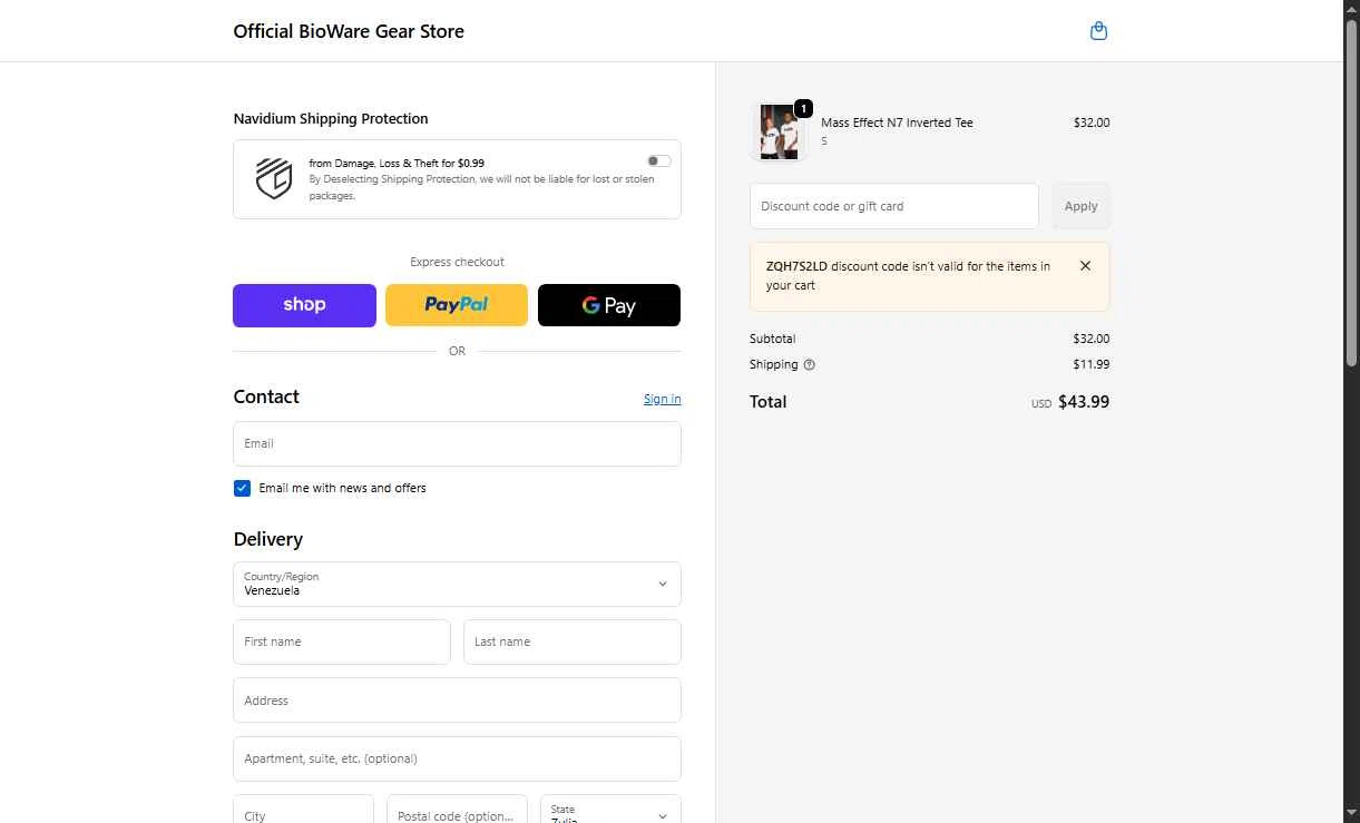BioWare checkout page showing BioWare discount code box | Screenshot taken by SimplyCodes community member on Jan 19, 2026