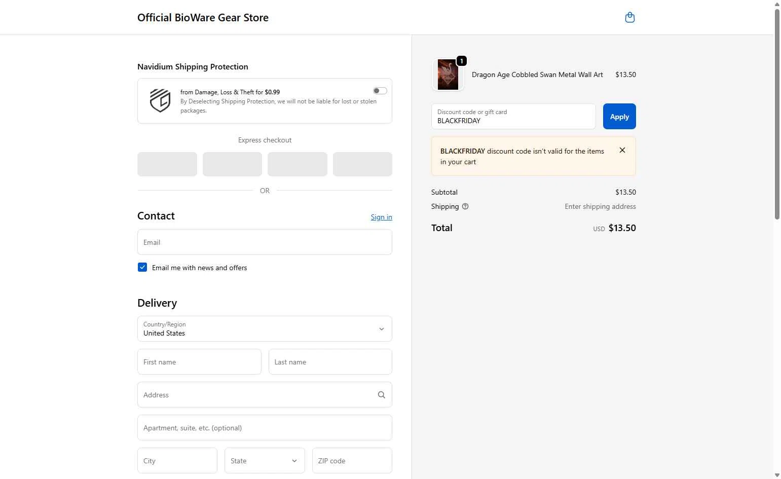 BioWare checkout page showing BioWare discount code box | Screenshot taken by SimplyCodes community member on Dec 13, 2025