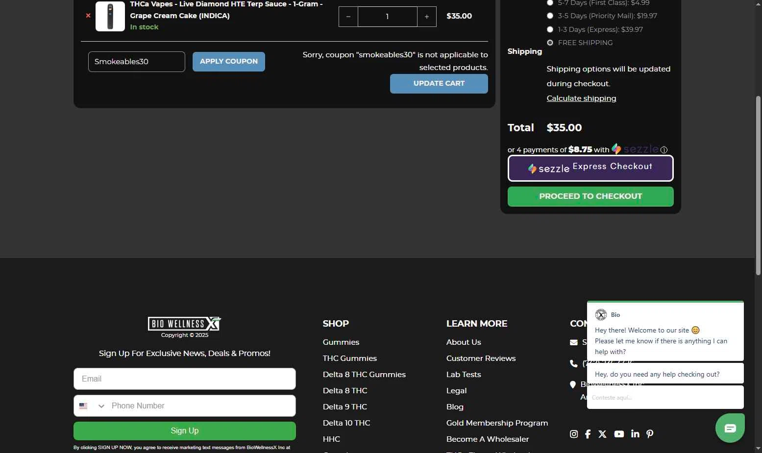 BiowellnessX checkout page showing BiowellnessX promo code box | Screenshot taken by SimplyCodes community member on Oct 30, 2025