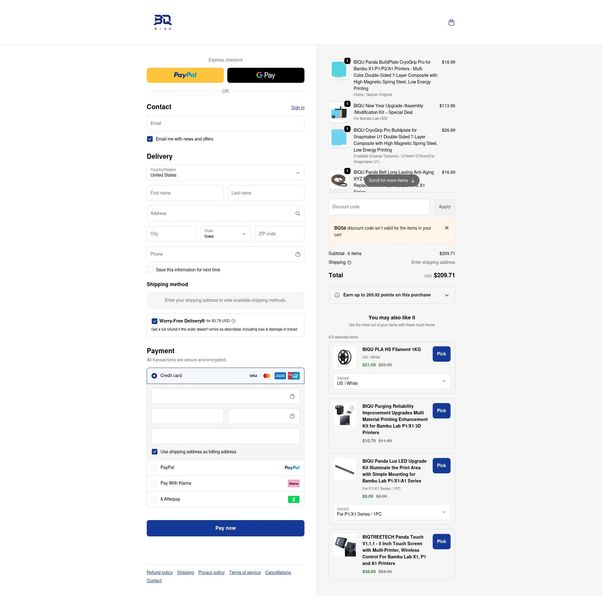 Biqu Equipment checkout page showing Biqu Equipment discount code box | Screenshot taken by SimplyCodes community member on Jan 31, 2026