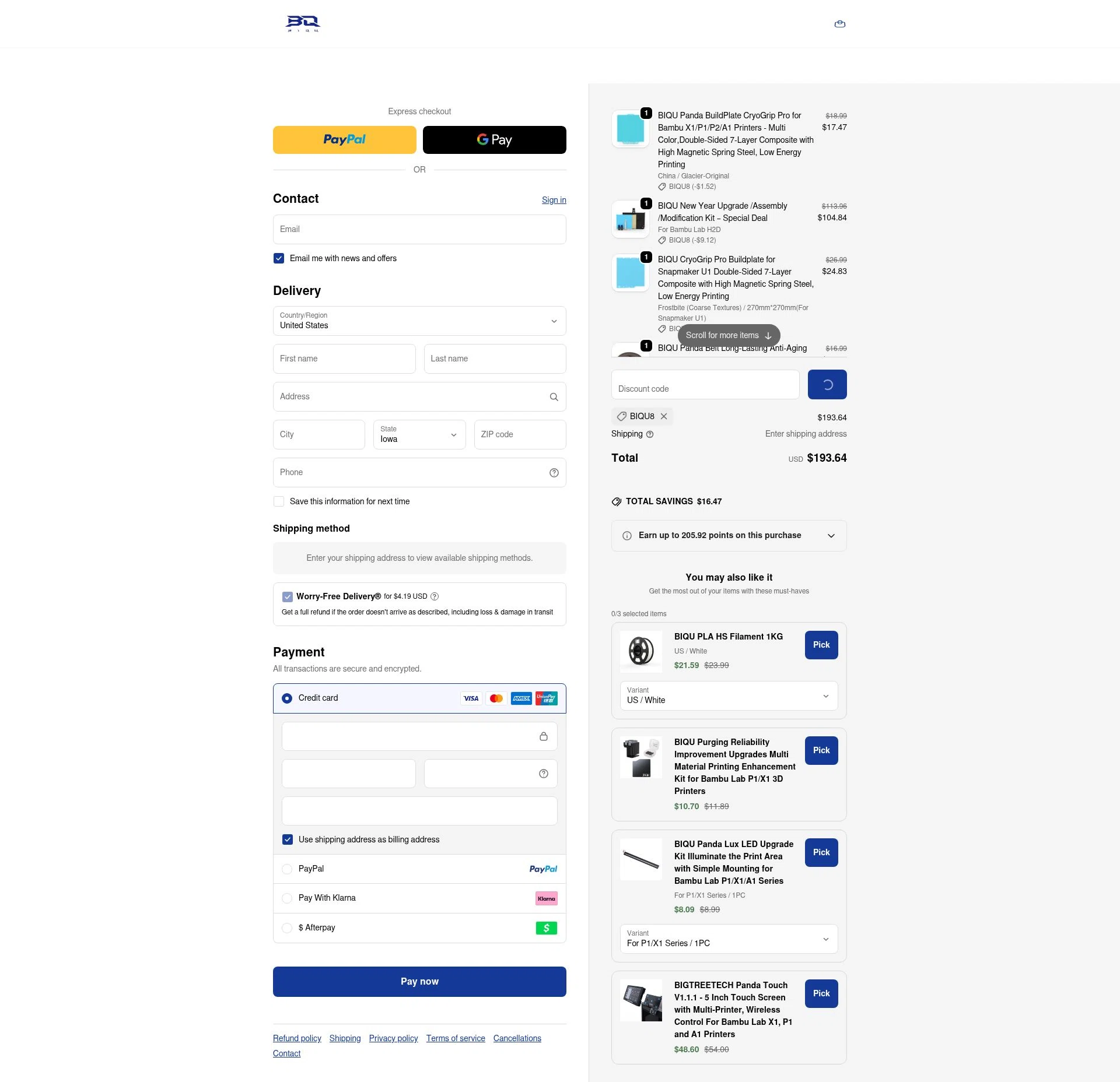 Biqu Equipment checkout page showing Biqu Equipment discount code box | Screenshot taken by SimplyCodes community member on Jan 31, 2026