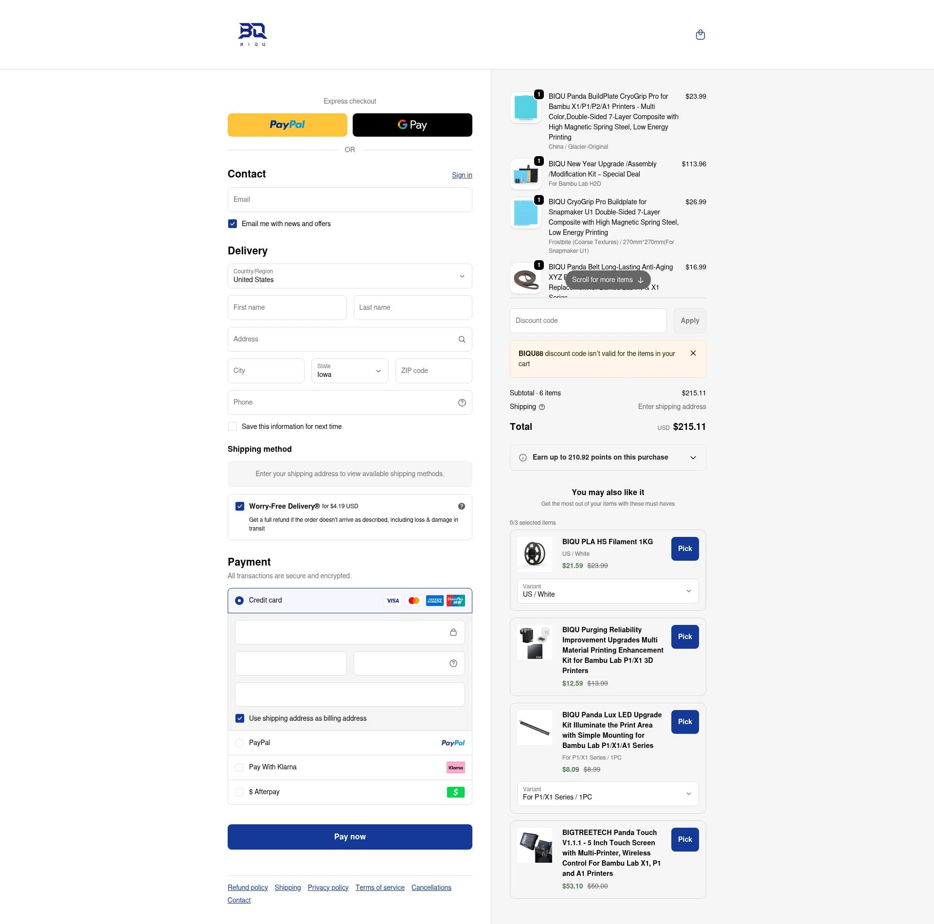 Biqu Equipment checkout page showing Biqu Equipment discount code box | Screenshot taken by SimplyCodes community member on Jan 26, 2026
