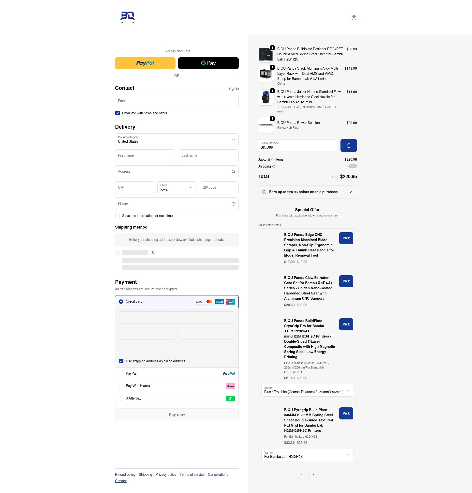 Biqu Equipment checkout page showing Biqu Equipment discount code box | Screenshot taken by SimplyCodes community member on Jan 6, 2026