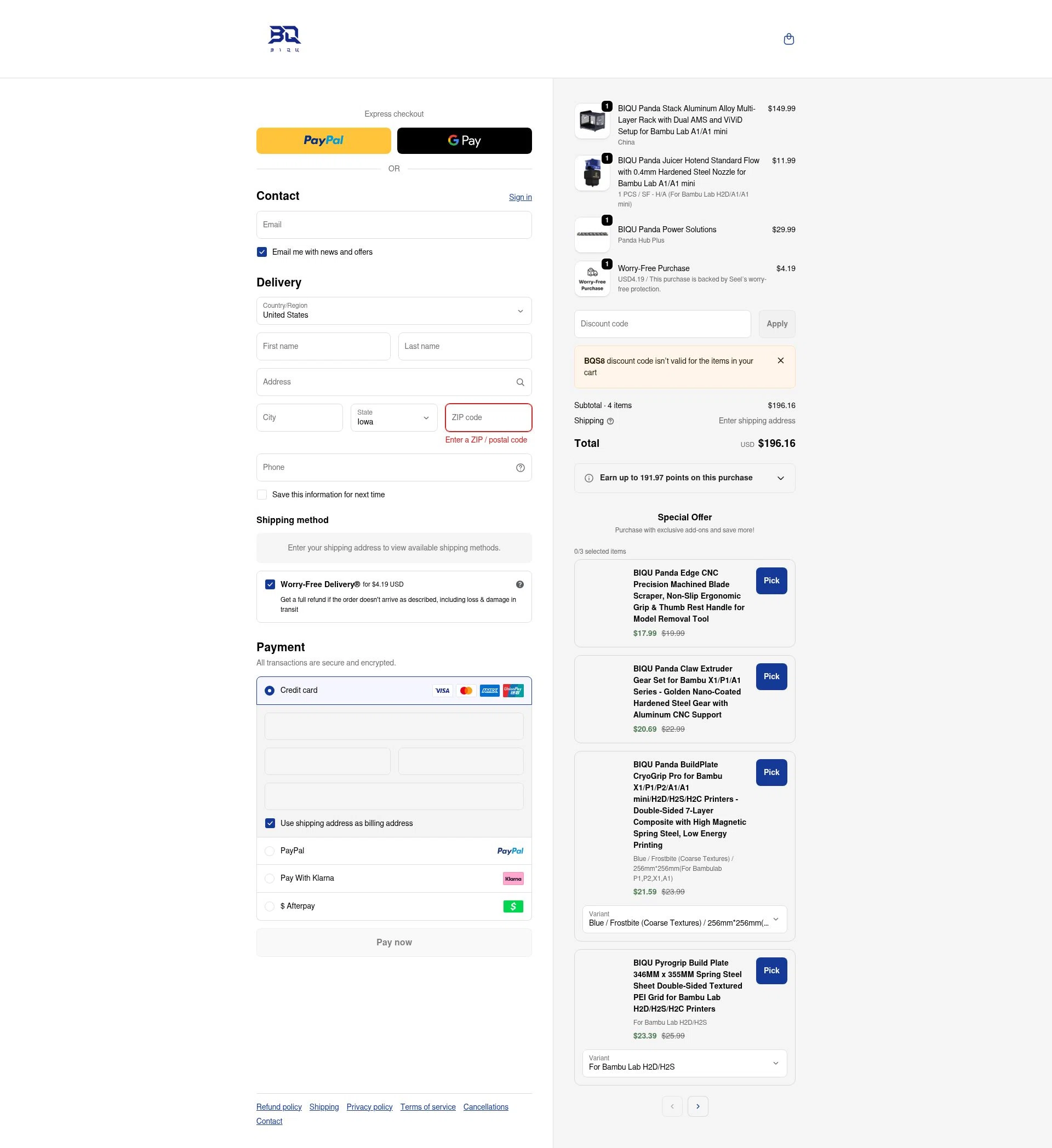 Biqu Equipment checkout page showing Biqu Equipment discount code box | Screenshot taken by SimplyCodes community member on Jan 2, 2026