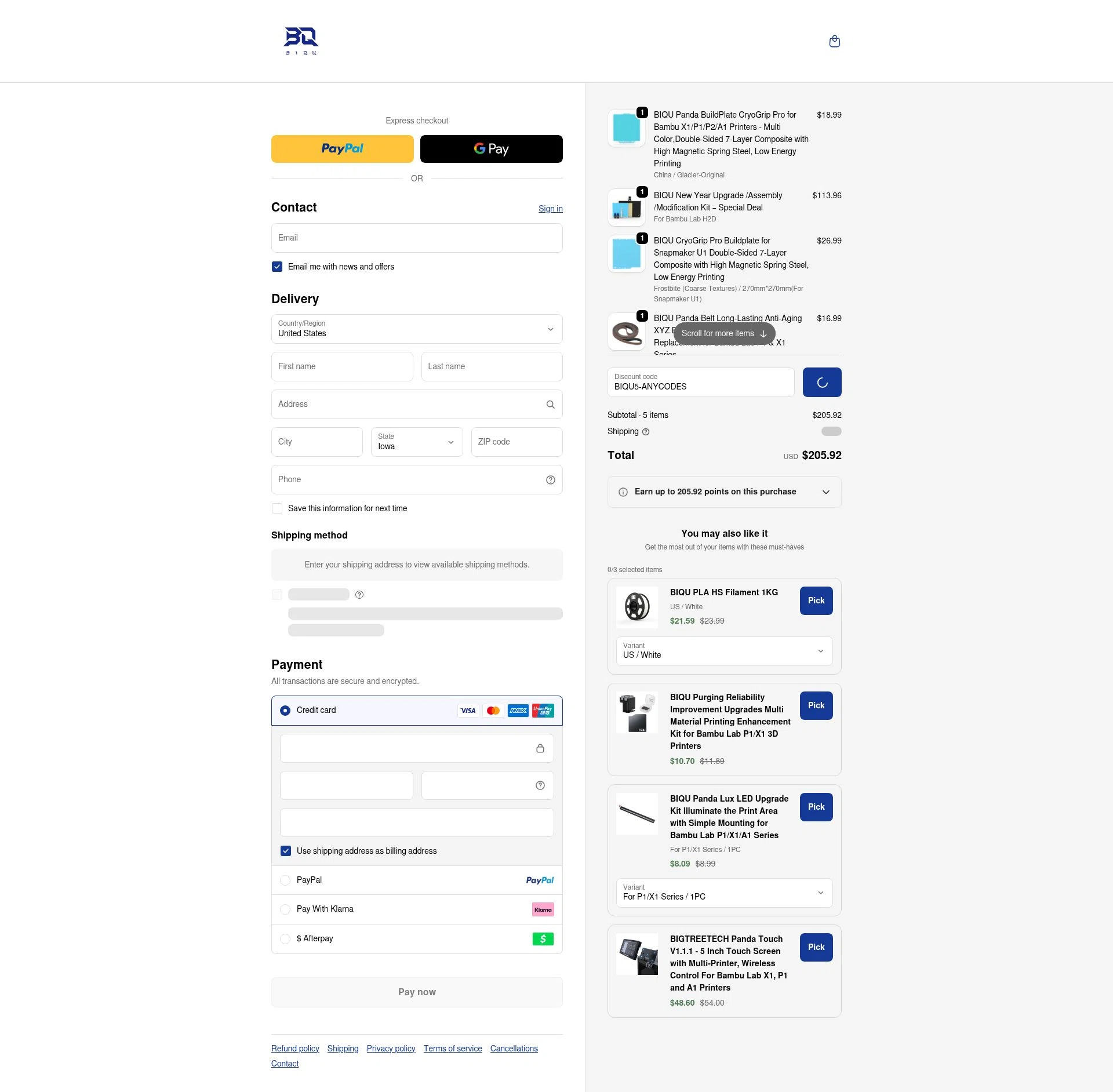 Biqu Equipment checkout page showing Biqu Equipment discount code box | Screenshot taken by SimplyCodes community member on Jan 30, 2026