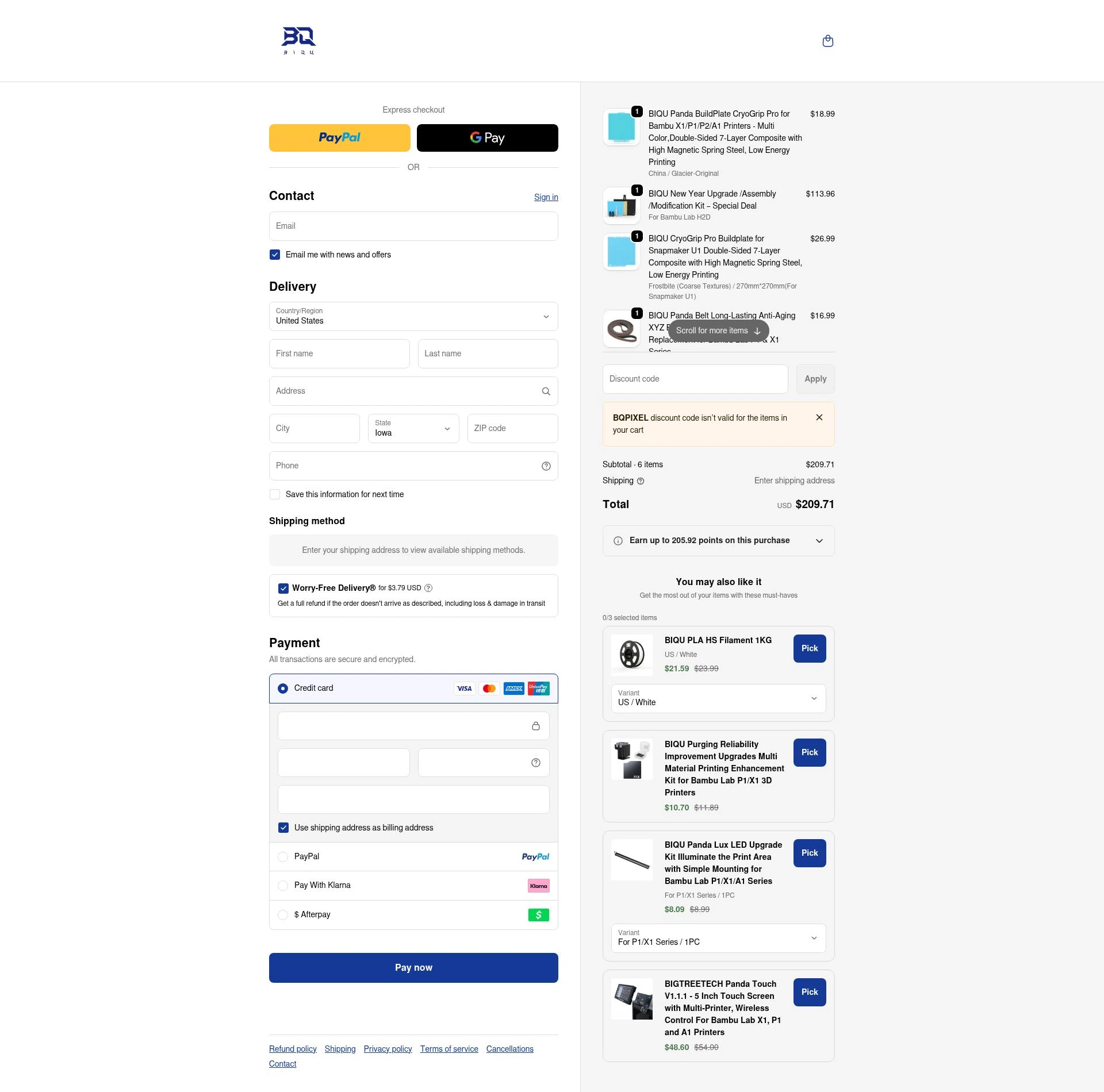 Biqu Equipment checkout page showing Biqu Equipment discount code box | Screenshot taken by SimplyCodes community member on Jan 31, 2026