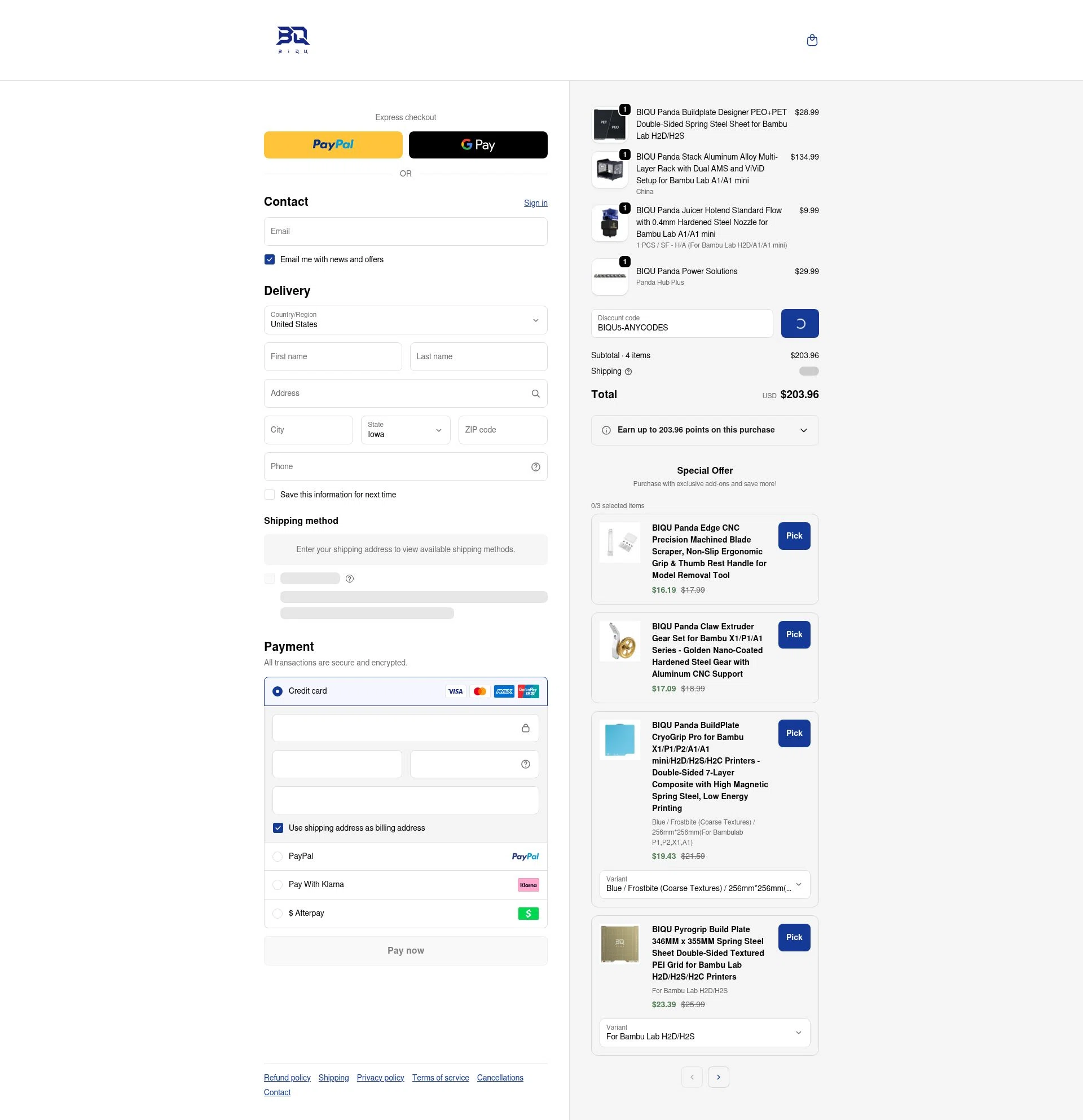 Biqu Equipment checkout page showing Biqu Equipment discount code box | Screenshot taken by SimplyCodes community member on Dec 28, 2025