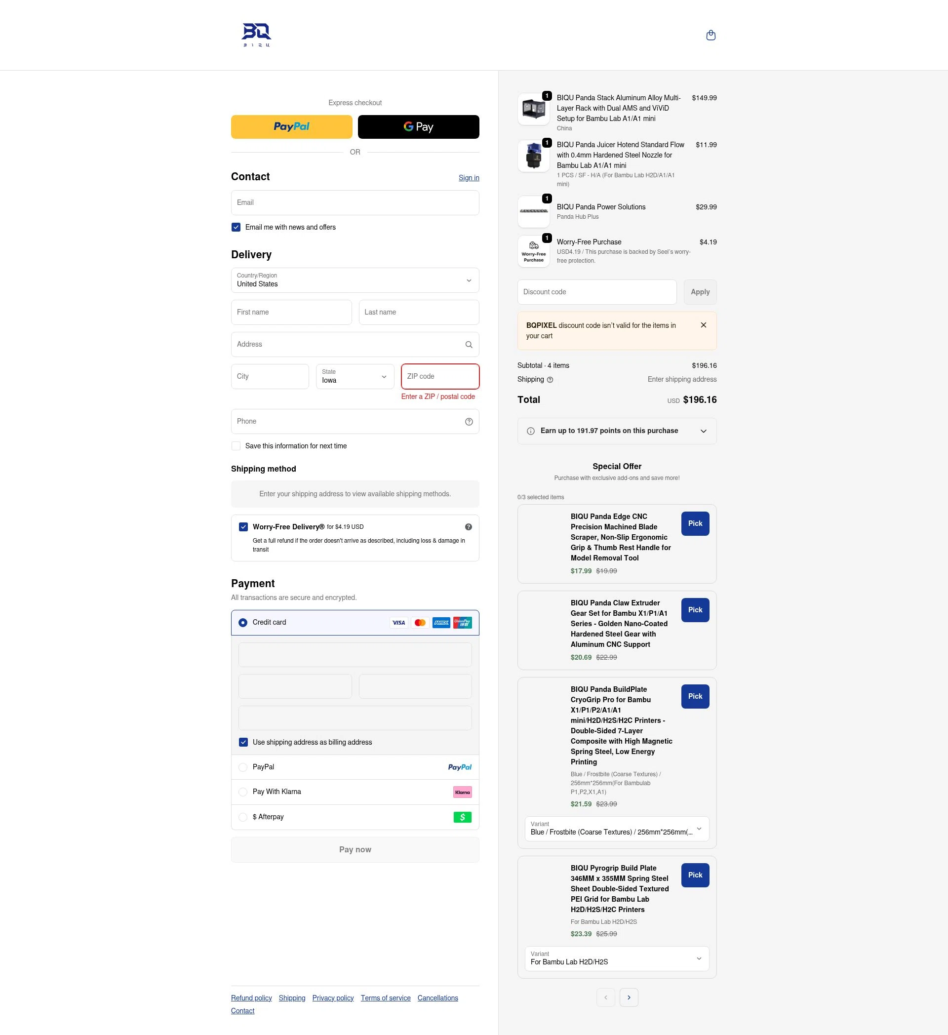 Biqu Equipment checkout page showing Biqu Equipment discount code box | Screenshot taken by SimplyCodes community member on Jan 2, 2026