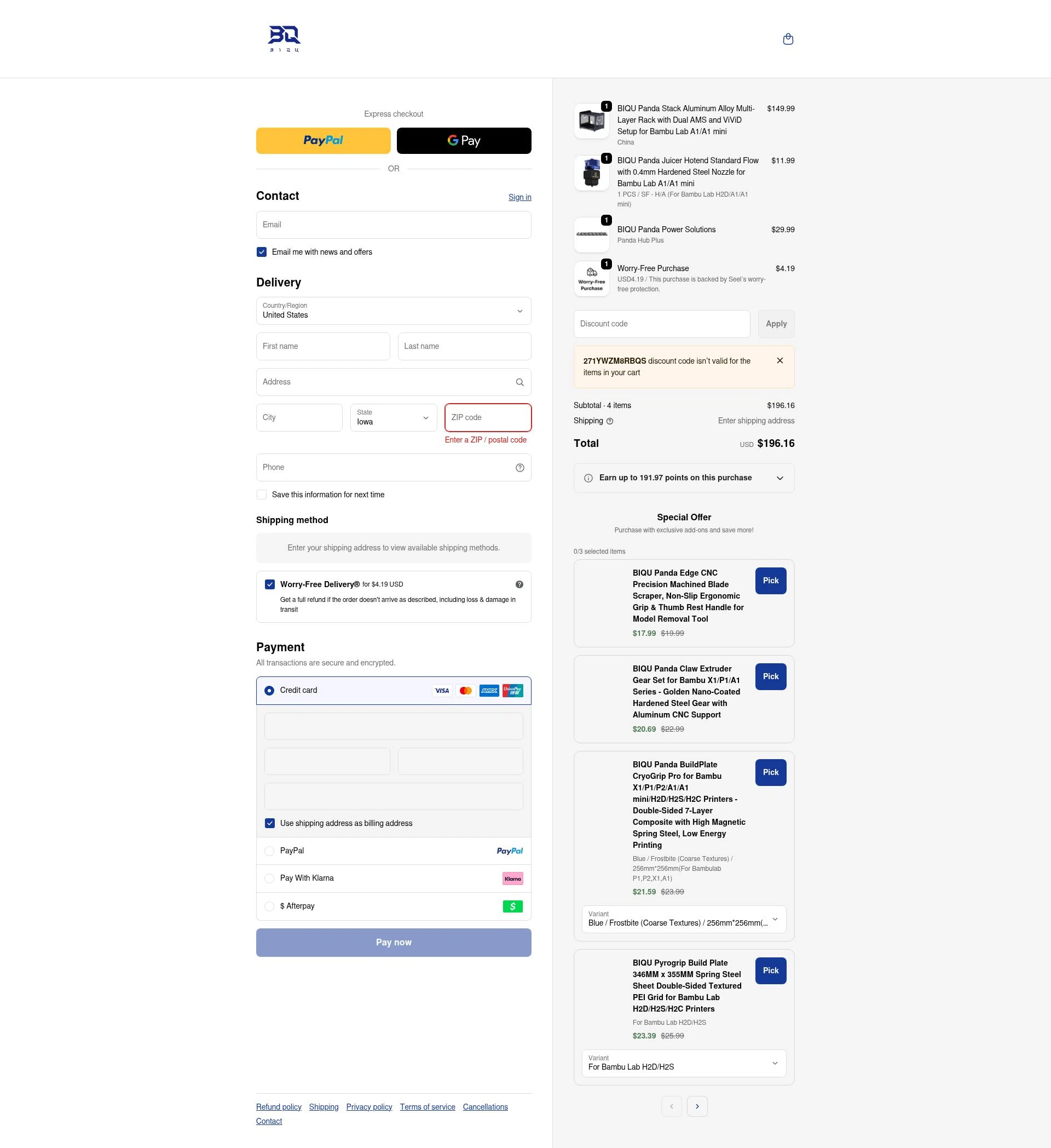 Biqu Equipment checkout page showing Biqu Equipment discount code box | Screenshot taken by SimplyCodes community member on Jan 2, 2026