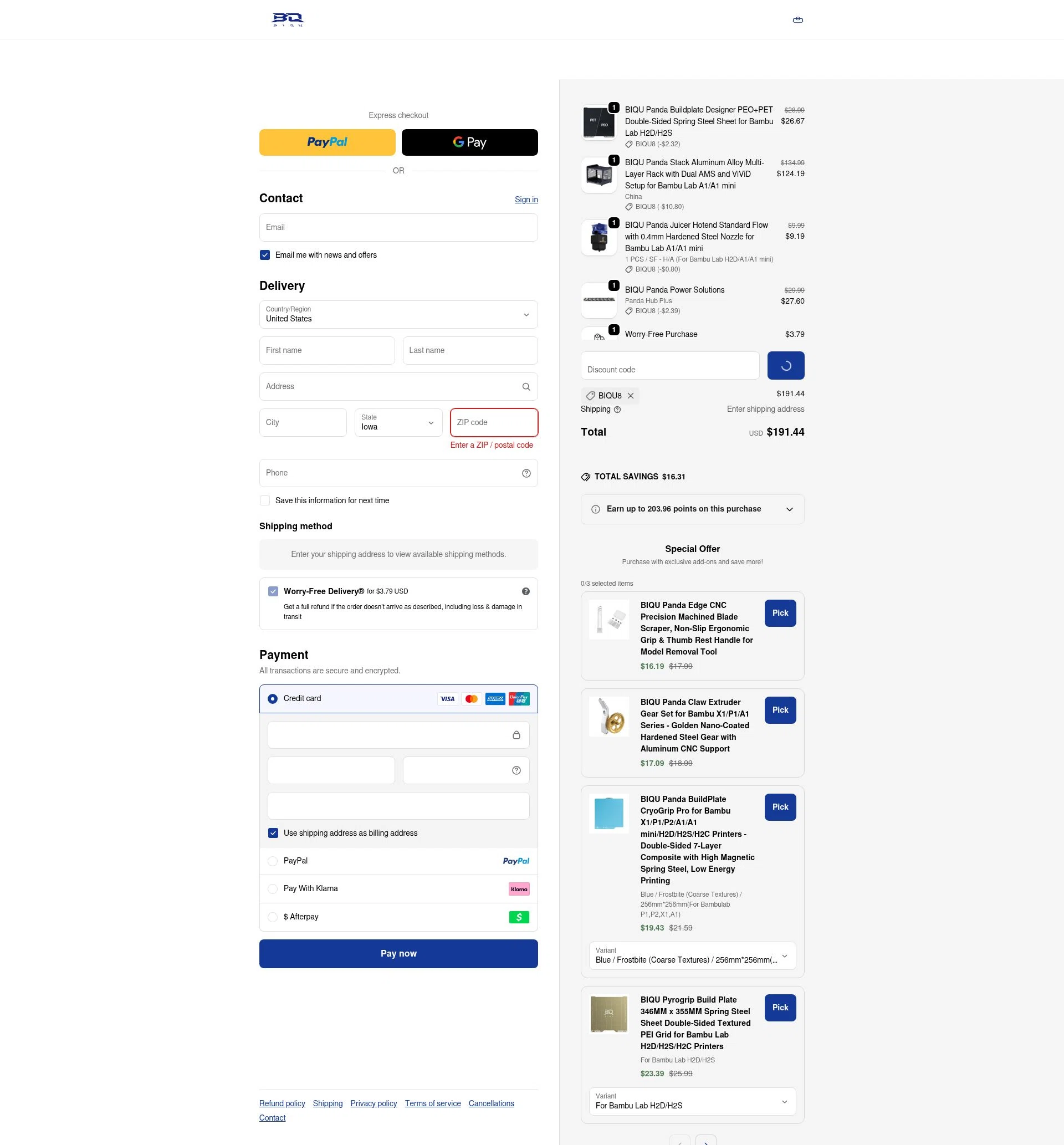 Biqu Equipment checkout page showing Biqu Equipment discount code box | Screenshot taken by SimplyCodes community member on Dec 28, 2025