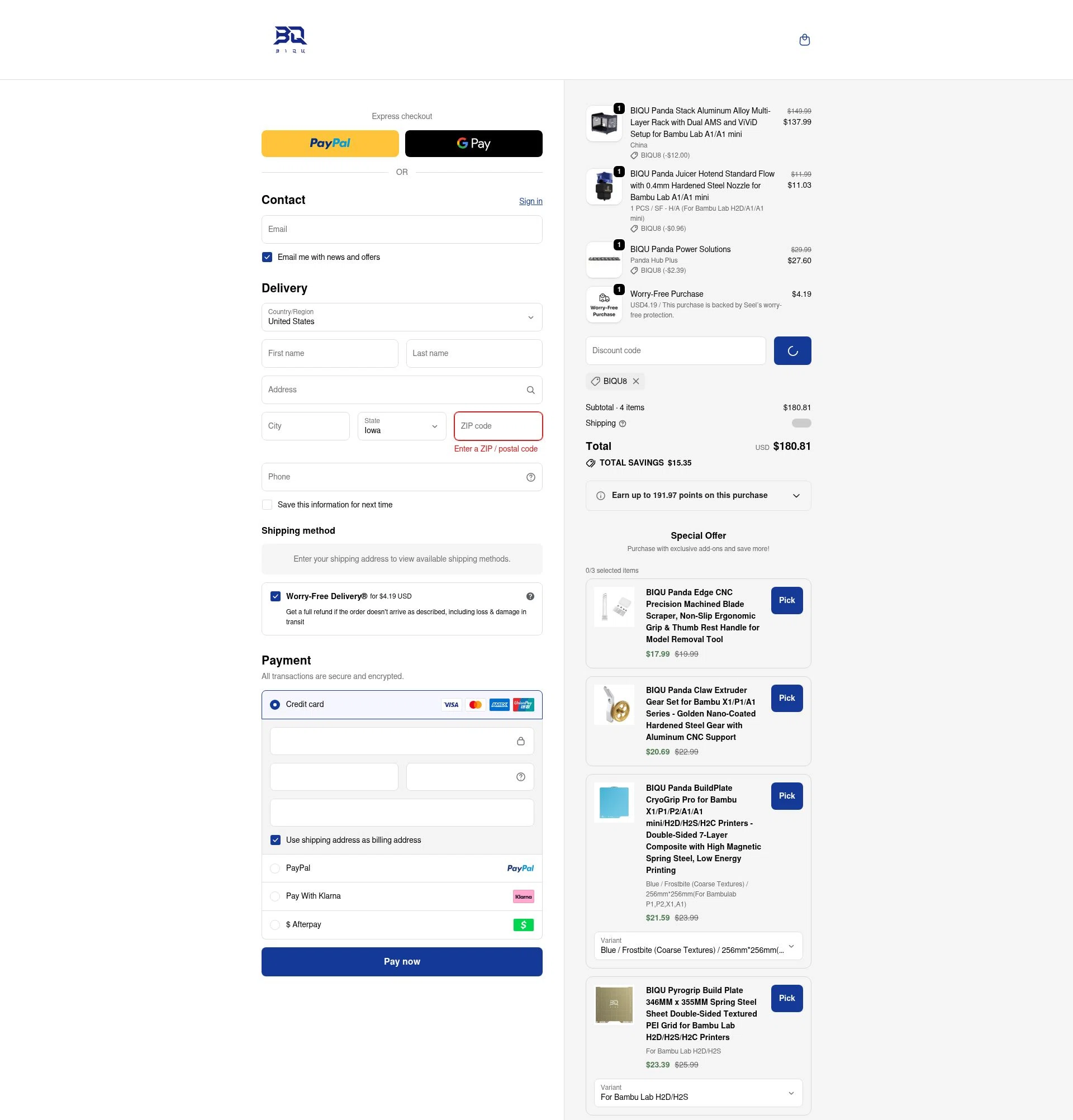 Biqu Equipment checkout page showing Biqu Equipment discount code box | Screenshot taken by SimplyCodes community member on Jan 2, 2026