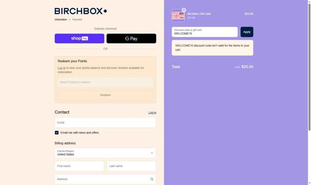 BirchBox checkout page showing BirchBox promo code box | Screenshot taken by SimplyCodes community member on Aug 20, 2025