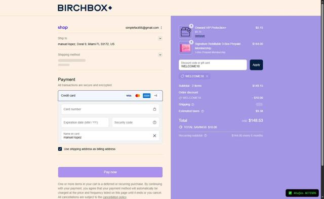 BirchBox checkout page showing BirchBox promo code box | Screenshot taken by SimplyCodes community member on Sep 11, 2025