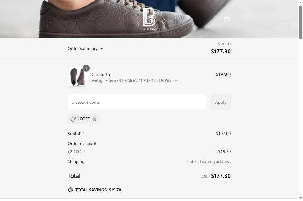 Birchbury checkout page showing Birchbury discount code box | Screenshot taken by SimplyCodes community member on May 19, 2025