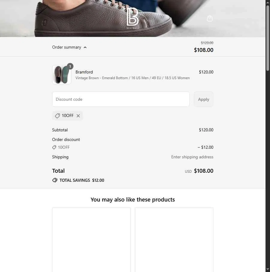 Birchbury checkout page showing Birchbury discount code box | Screenshot taken by SimplyCodes community member on Aug 13, 2025