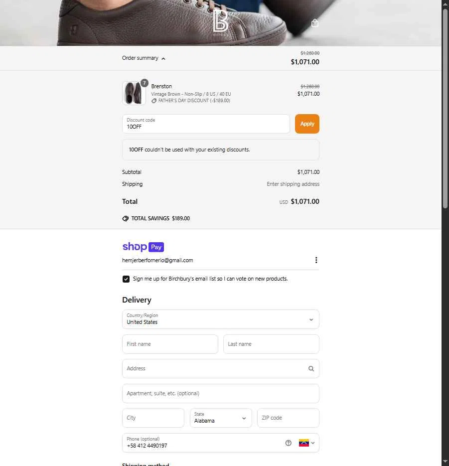 Birchbury checkout page showing Birchbury discount code box | Screenshot taken by SimplyCodes community member on Jun 16, 2025