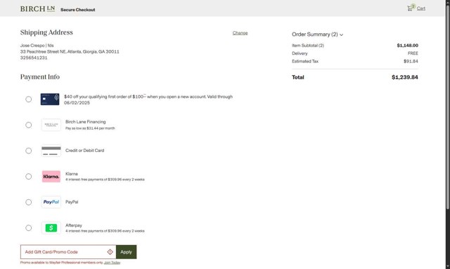 Birch Lane checkout page showing Birch Lane promo code box | Screenshot taken by SimplyCodes community member on May 30, 2025