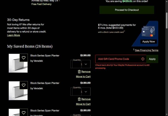 Birch Lane checkout page showing Birch Lane promo code box | Screenshot taken by SimplyCodes community member on May 9, 2025