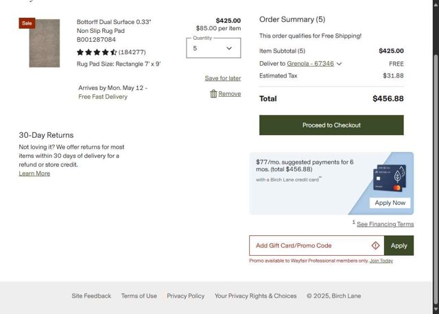Birch Lane checkout page showing Birch Lane promo code box | Screenshot taken by SimplyCodes community member on May 9, 2025