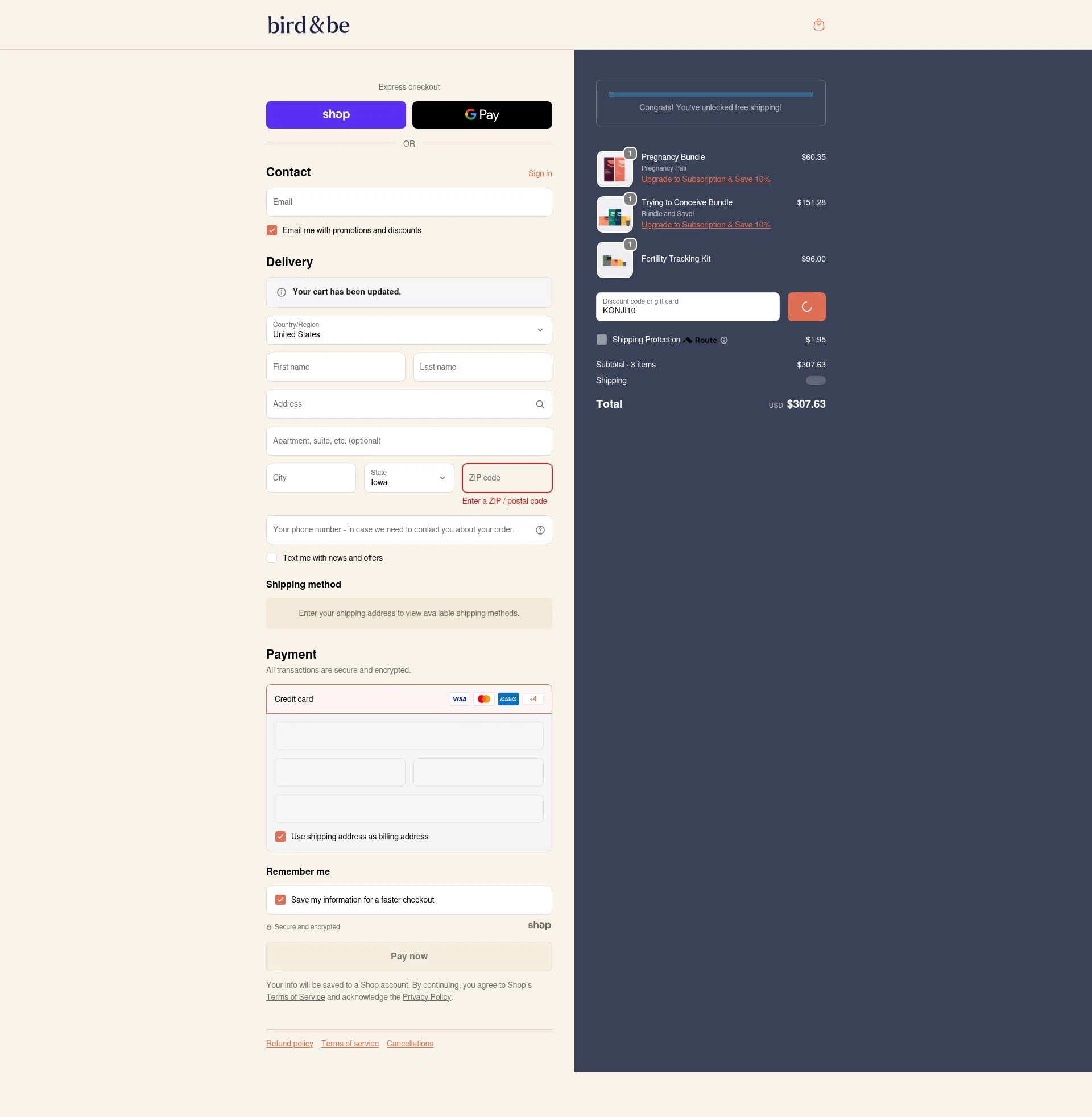 Bird&Be checkout page showing Bird&Be promo code box | Screenshot taken by SimplyCodes community member on Jan 3, 2026