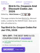 Bird & Co. coupon verification screenshot